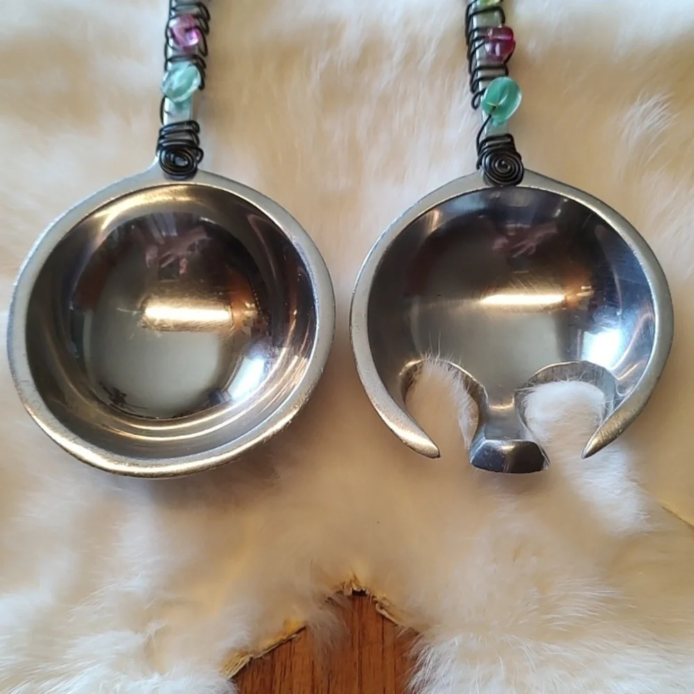 Pewter Salad/Serving Spoons Bunnies Easter Multi Color Stones High Quality.